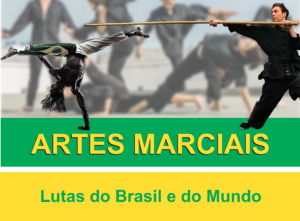 um capoeirista de ponta cabeça e um praticante de kung fu com bastão