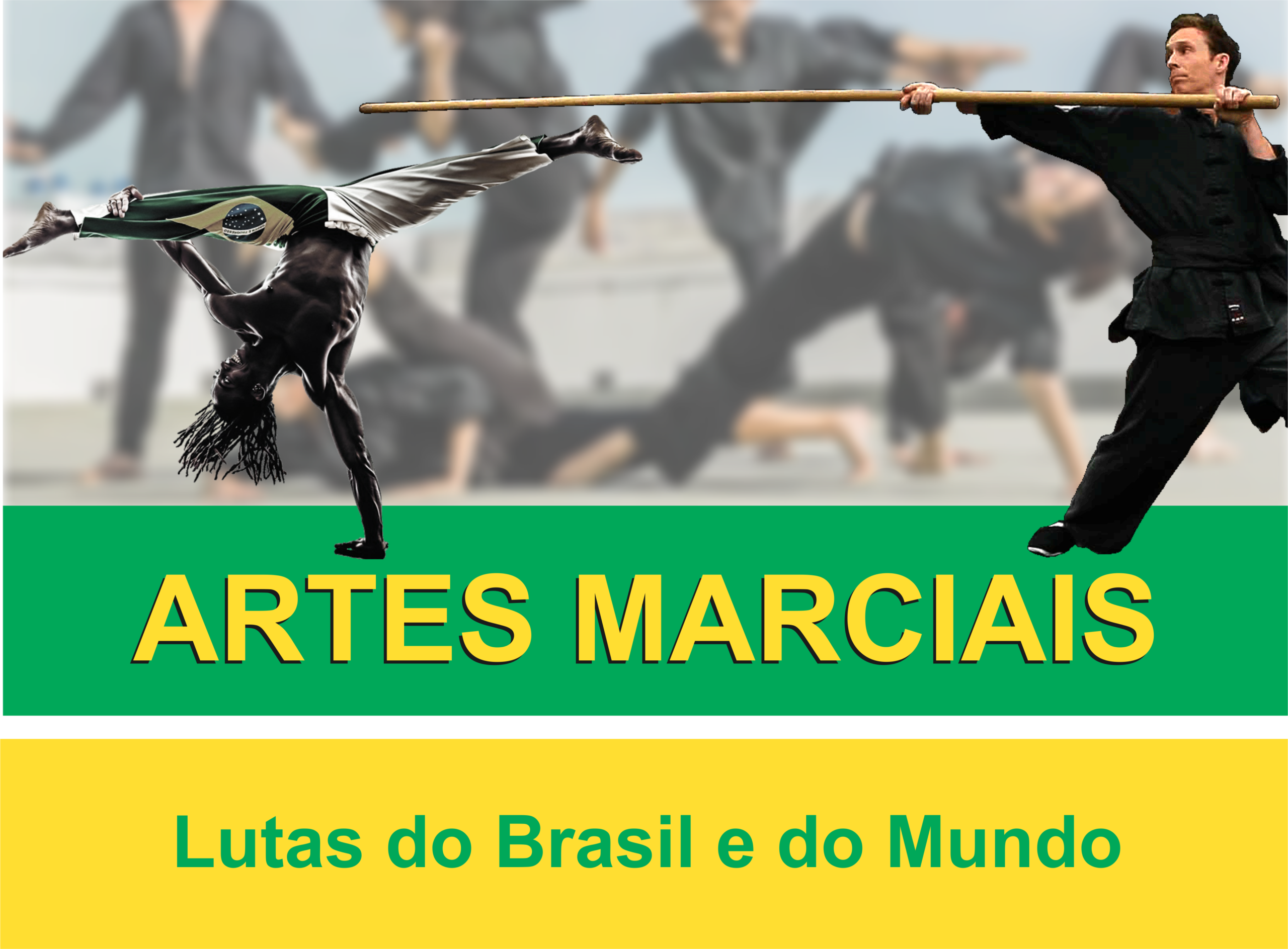 um capoeirista de ponta cabeça e um praticante de kung fu com bastão