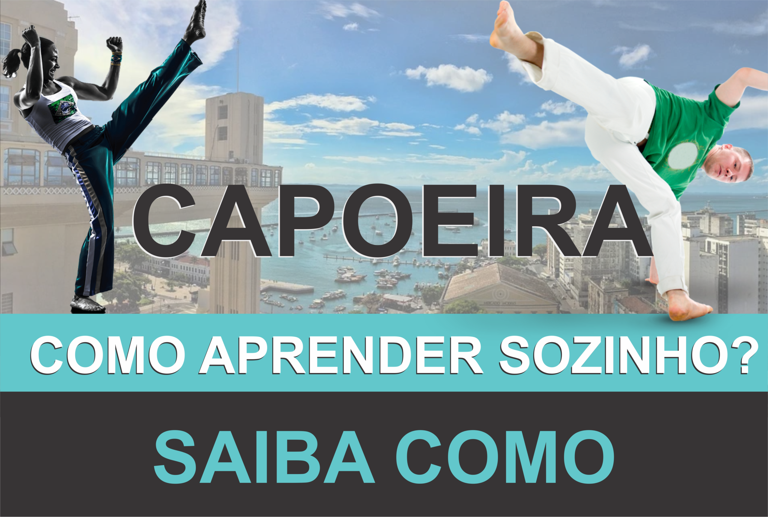 Capoeirista jogando capoeira - ao fundo a cidade de Salvador Bahia