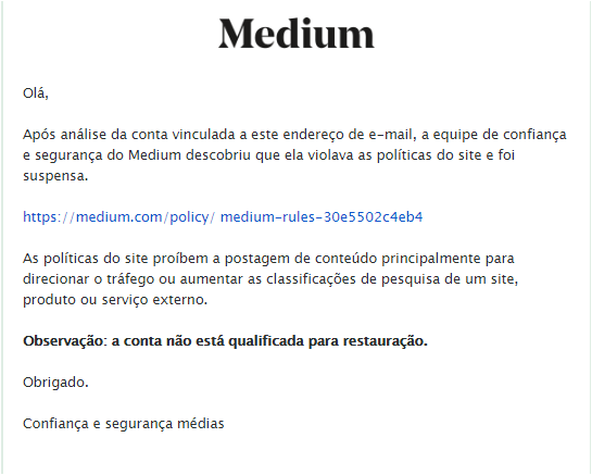 Email de resposta Medium sobre pedido de reanálise da violação de regras traduzido