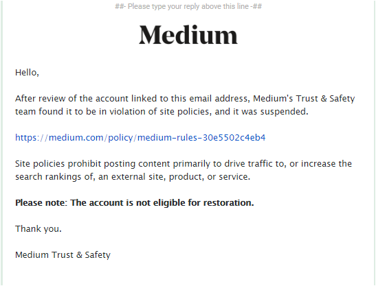 Email de resposta Medium sobre motivo e justificação do bloqueio e suspensão de conta Medium