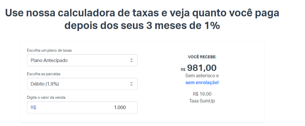 exemplo da calculadora de taxas de Sumup