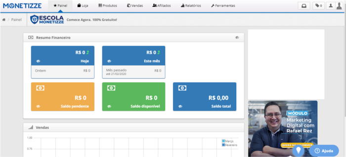 Painel de controle da Monetizze — maior site para programas de afiliados