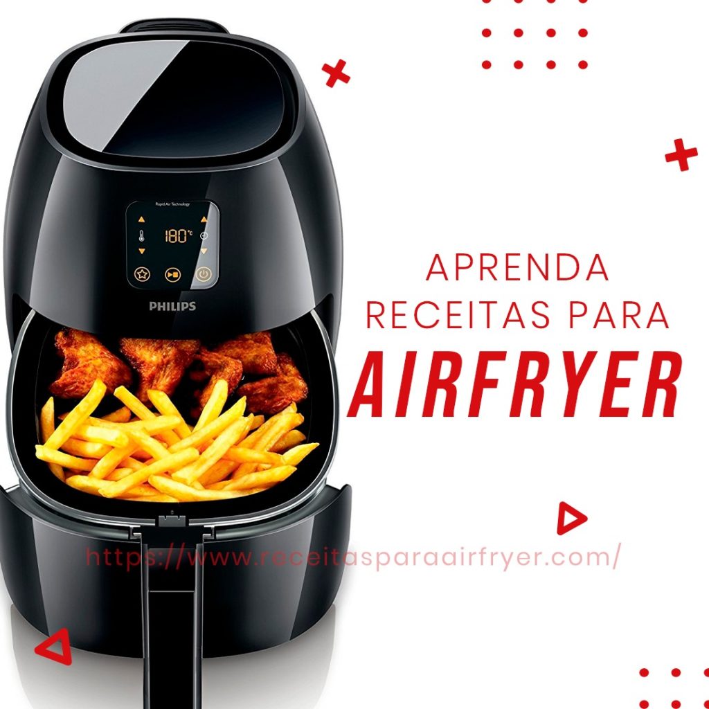 A imagem contem uma Air Fryer com a bandeja cheia de batatinhas fritas