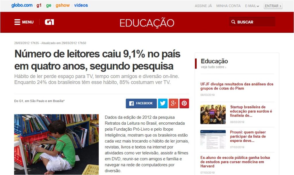 Número de leitores caiu 9,1% no país em quatro anos, segundo pesquisa