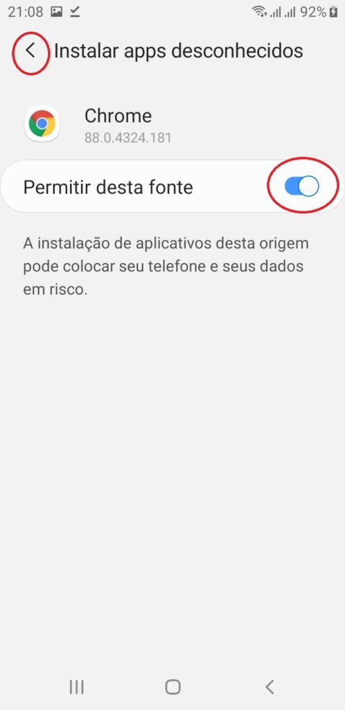 screenshot instalador de fontes desconhecidas