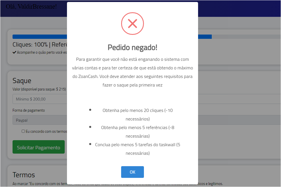 Pedido de saque negado no Zoan Cash