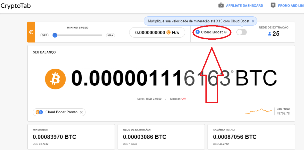 como ativar o cloud Boost no CryptoTab Browser