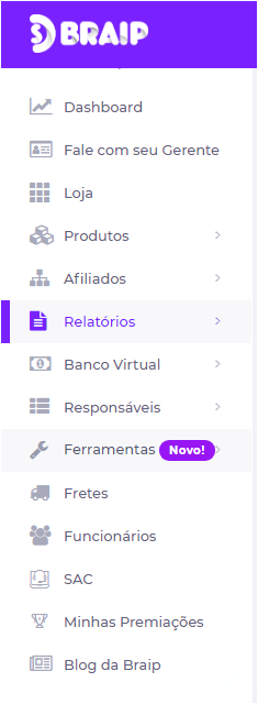 menu de funções do app e plataforma Braip