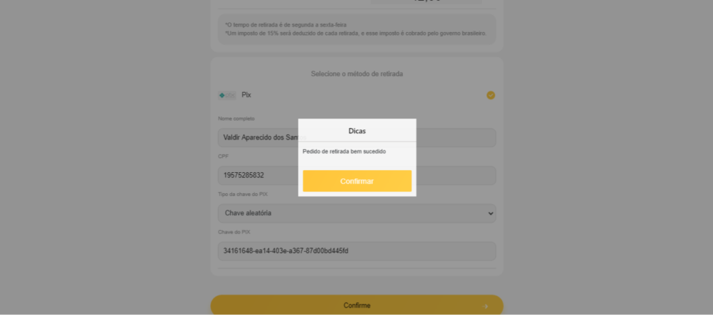 pedido de retirada bem sucedido