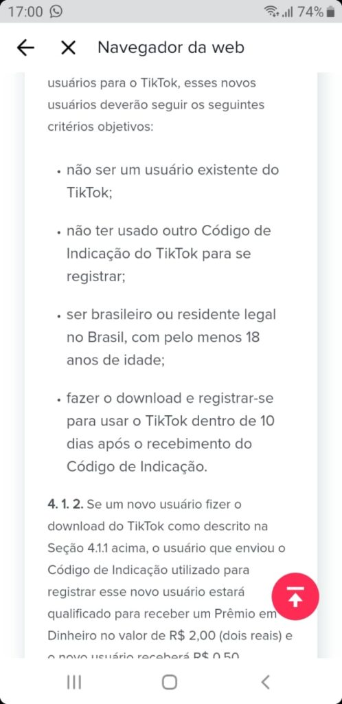 termos e condições da indicação do Tiktok