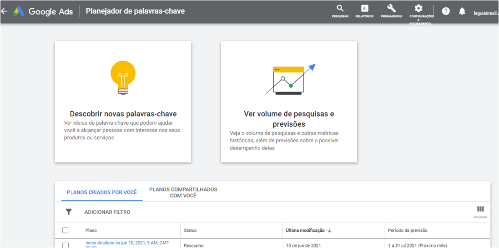 Planejador de palavras chaves do google