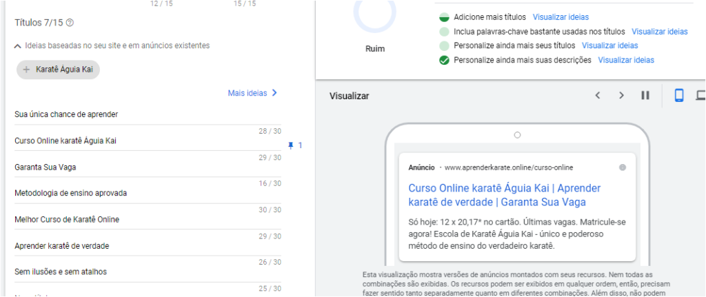 03 - criando os títulos do nosso anúncio do curso de karatê online no Google Ads