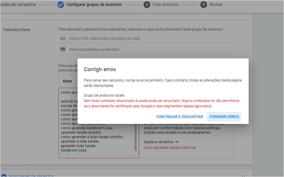 12 - Selecionar configurações da Campanha - google ads para afiliados hotmart - erros nas palavras chaves