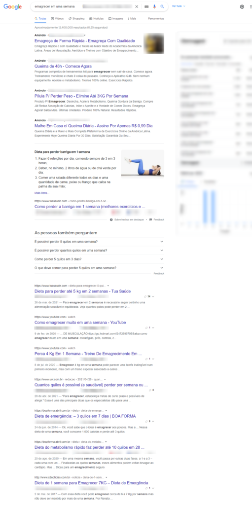 pesquisa sobre como emagrecer em uma semana e análise de títulos de artigos