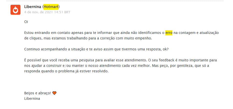 último e-mail recebido da Plataforma Hotmart acerca do erro na apresentação dos dados no desempenho dos produtos promovidos