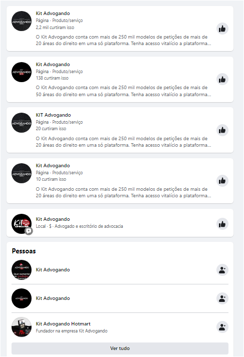 1 - captura do resultado da busca realizada no Facebook para o termo kit Advogando