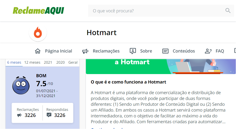 avaliação da plataforma Hotmart no Reclame Aqui e impressionantes 100% de reclamações respondidas