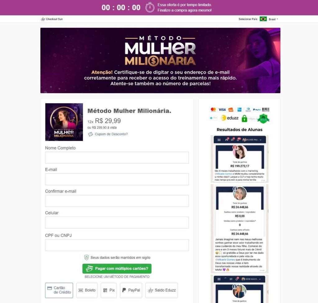 chekout método mulher milionária - página segura Eduzz