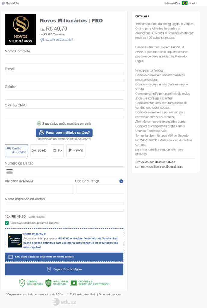 página de compra oficial do curso novos milionários na plataforma eduzz