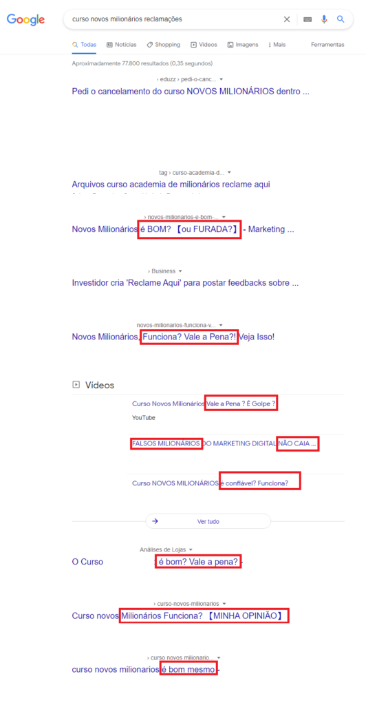 primeira busca por reclamações do curso novos milionários no google