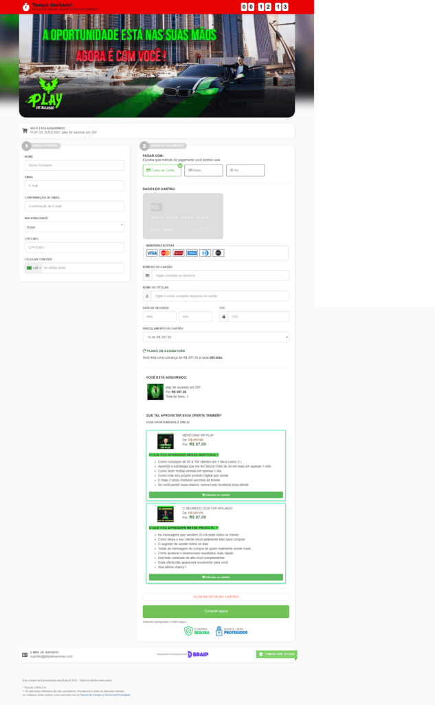 screenchot página de venda curso play de sucesso 2022 braip