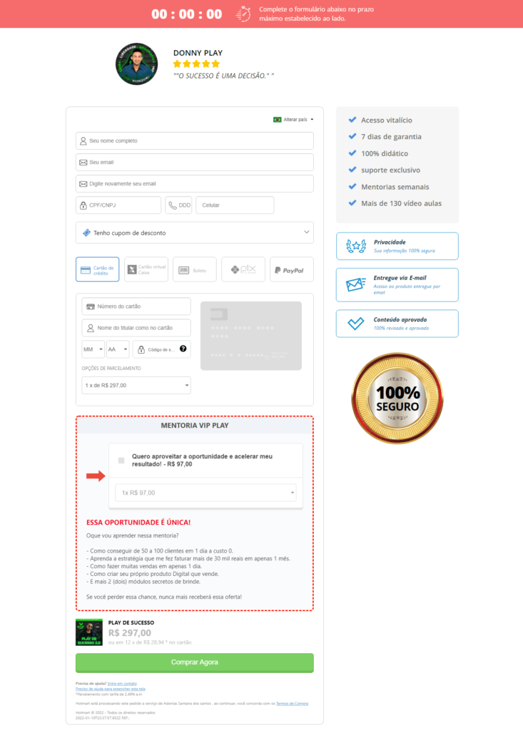 screenchot página de venda curso play de sucesso 2022 hotmart