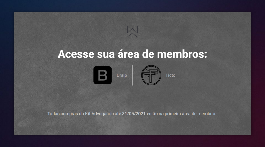 screenshot área de login do kit advogando, plataformas braip e ticto