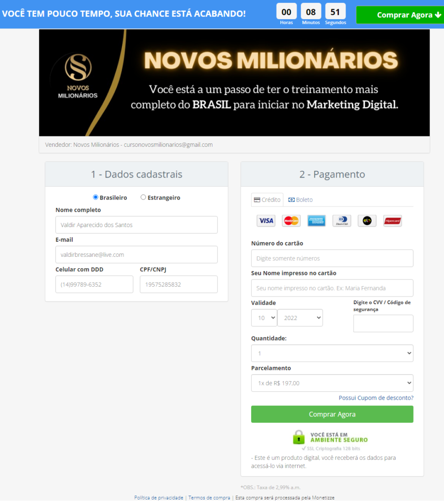 screenshot curso novos milionários plataforma da Monetizze