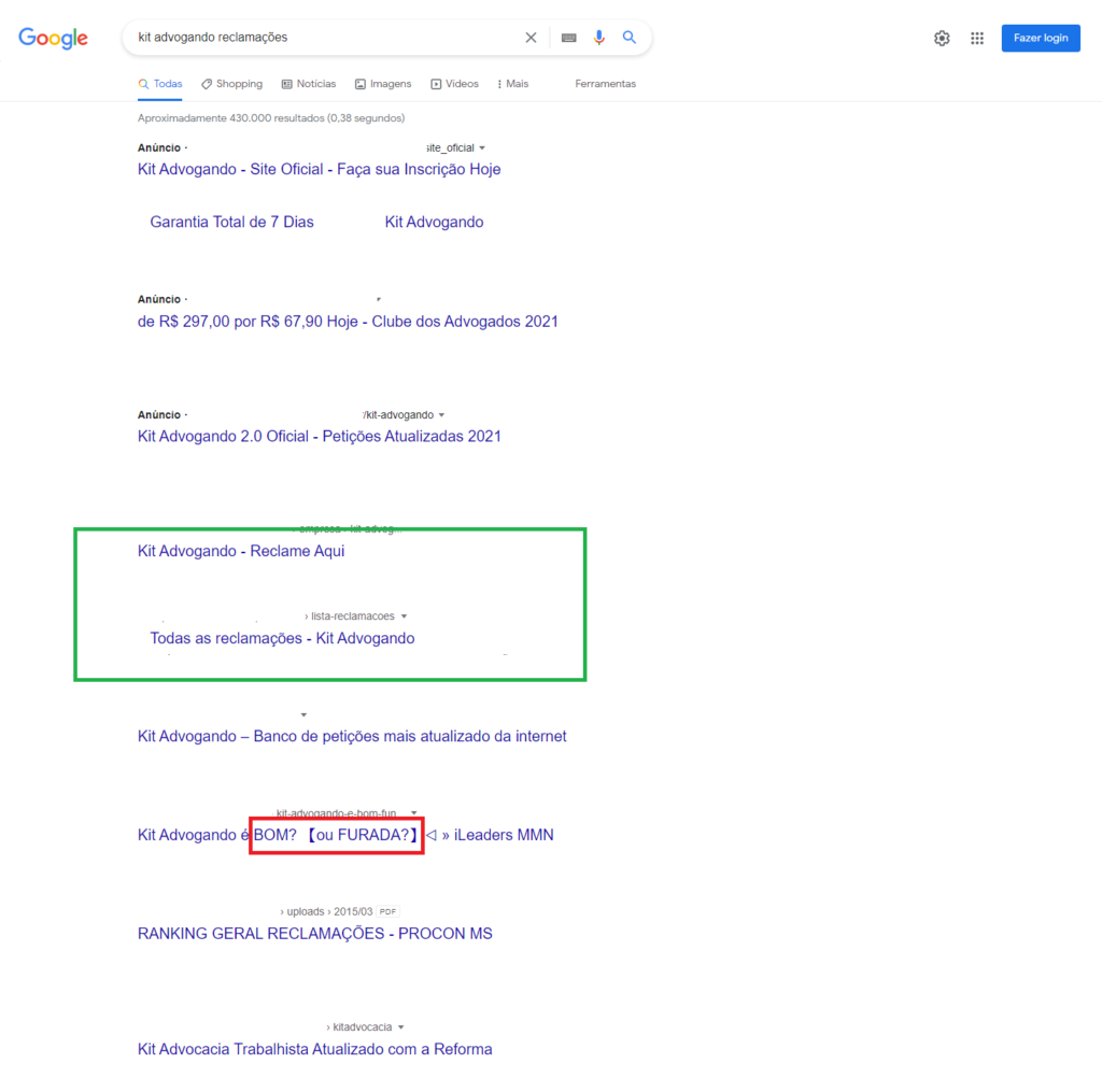 screenshot resultado de busca por reclamações kit advogando
