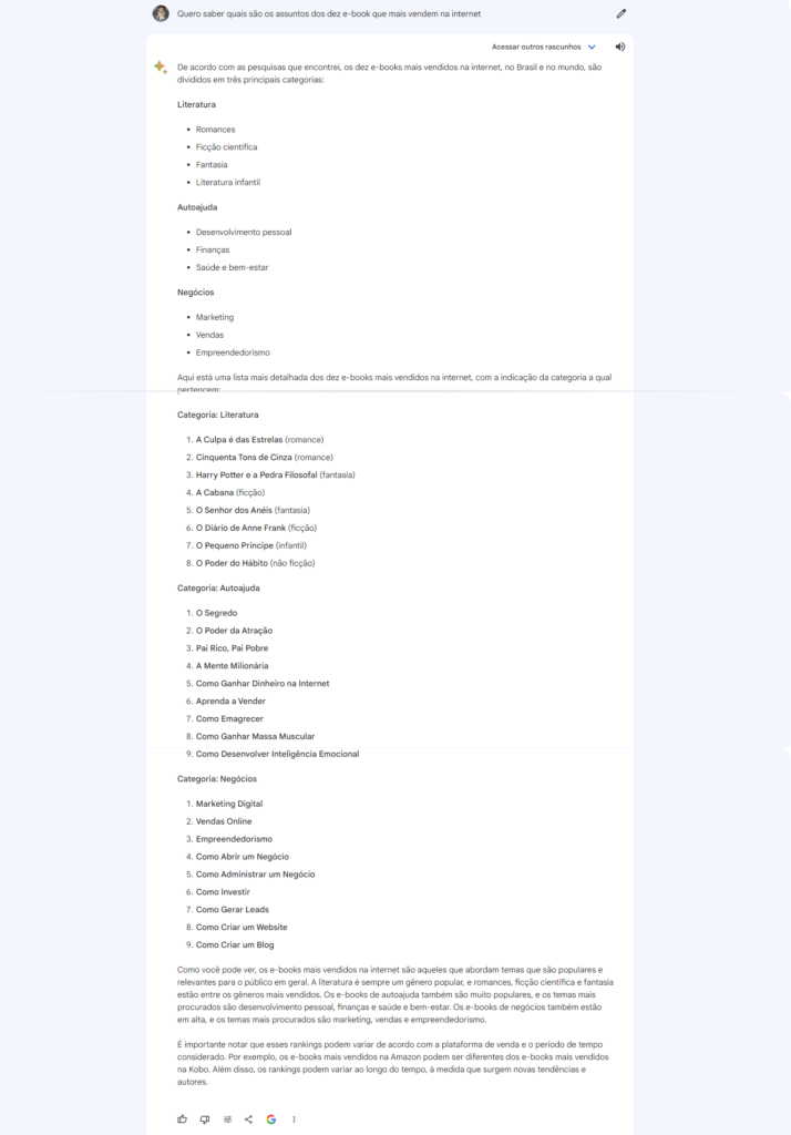 Bard dá ideia dos e-book que mais vendem e seus assuntos