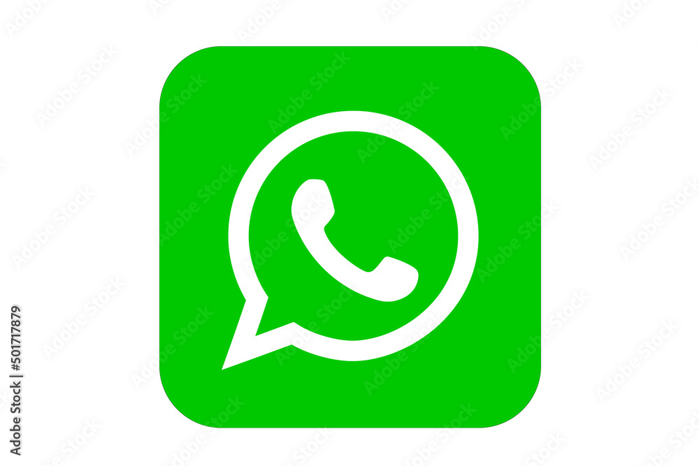 Whats App. Telephone icon in white and green square color. White color background. Illustration.